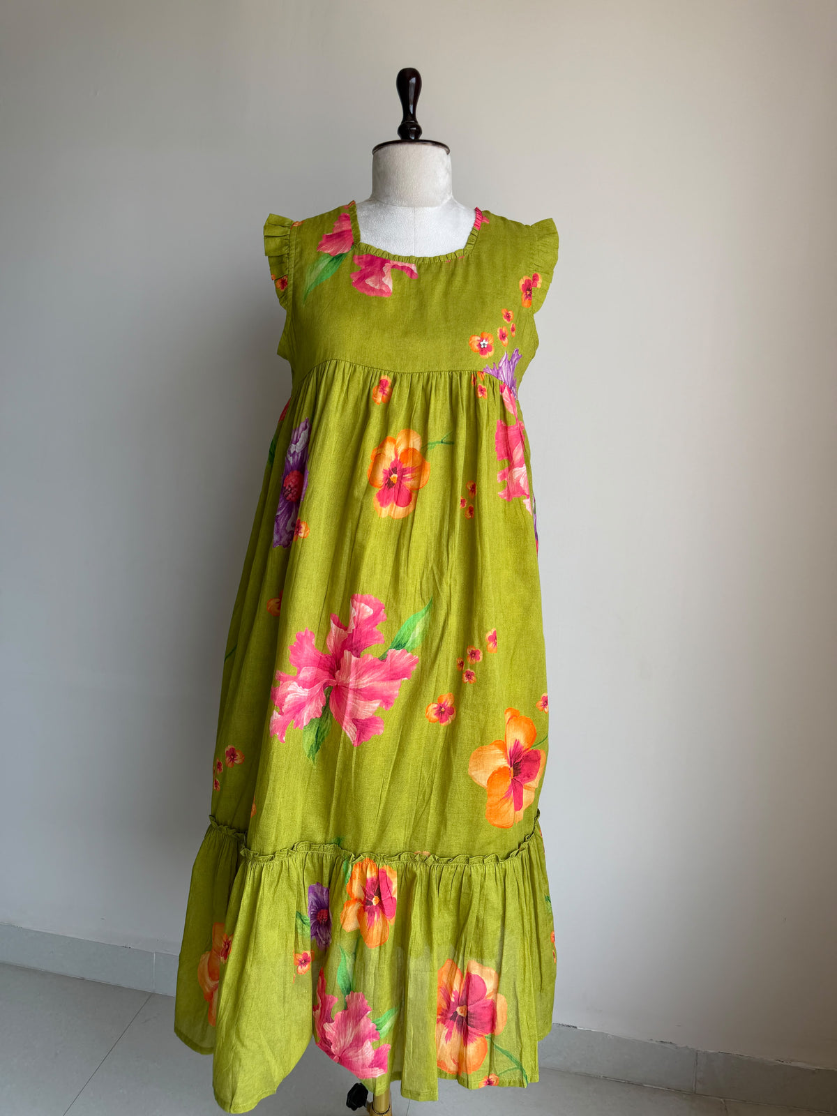 A0865 green mul cotton floral digital one piece dress