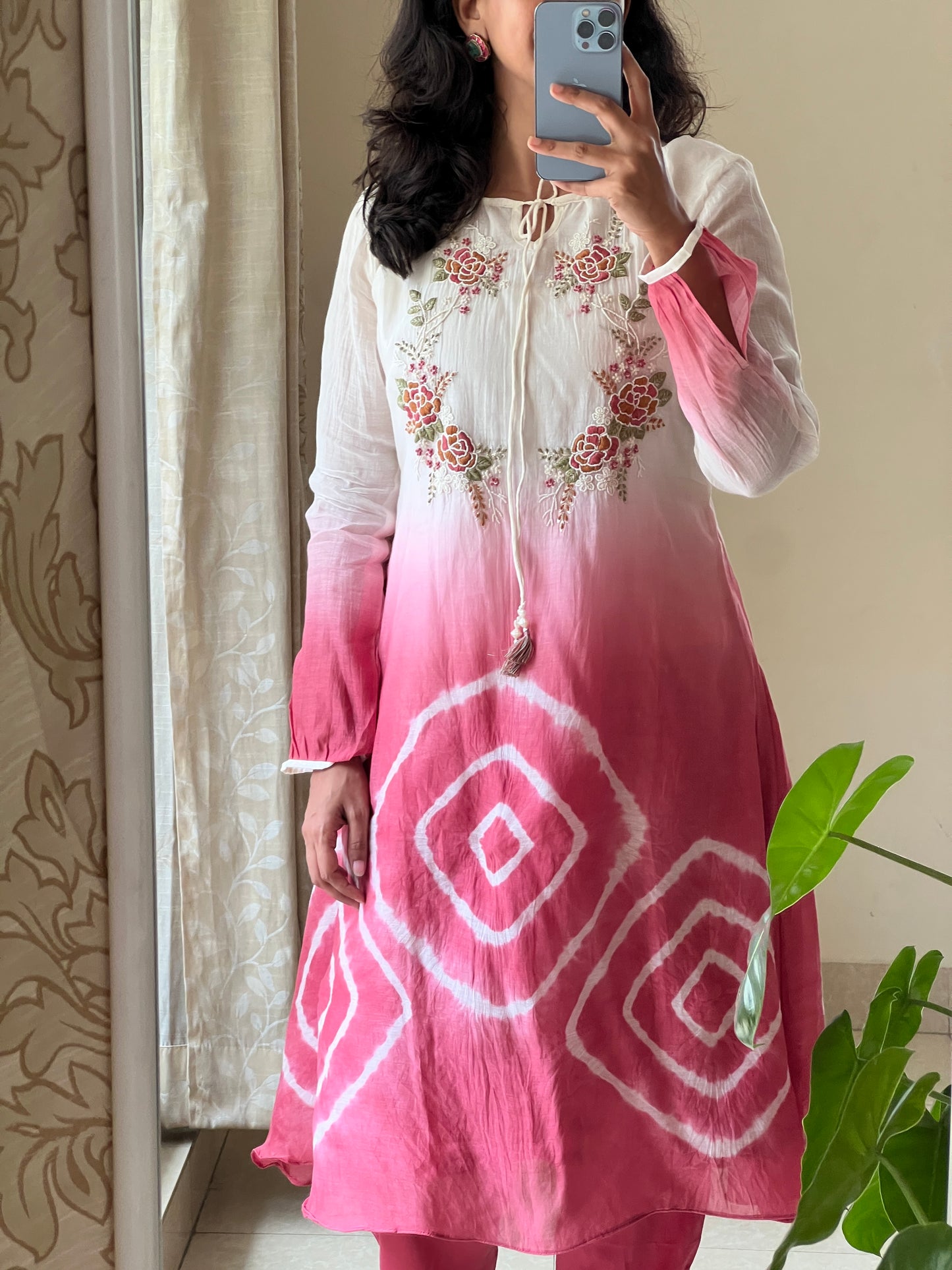 A0501 white & peach tie dye mul chanderi coord set with hand embroidery detailing on yoke part