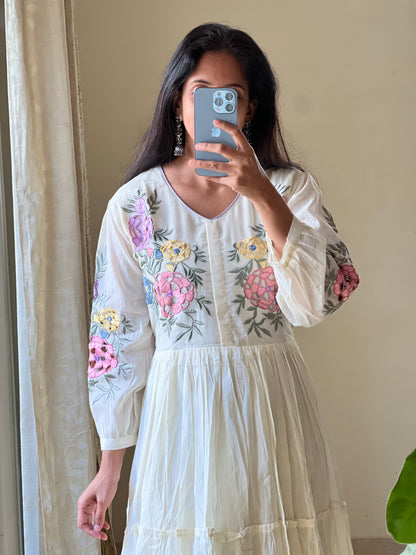 A0216 half white Mulmul one piece dress with cut work embroidery