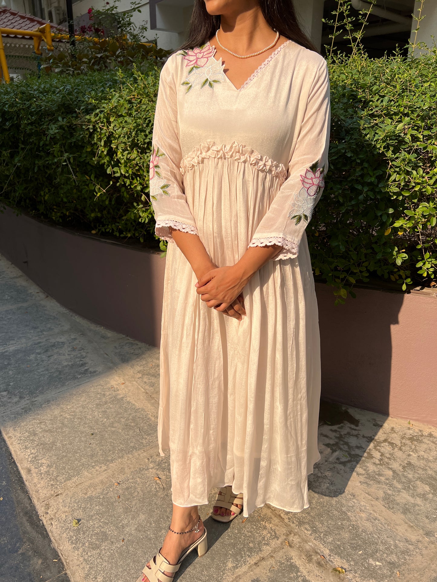 A0367 half white or cream chinnon one piece dress with hand embroidery detailing