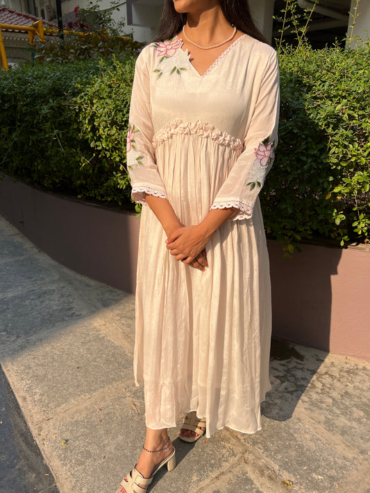 A0367 half white or cream chinnon one piece dress with hand embroidery detailing