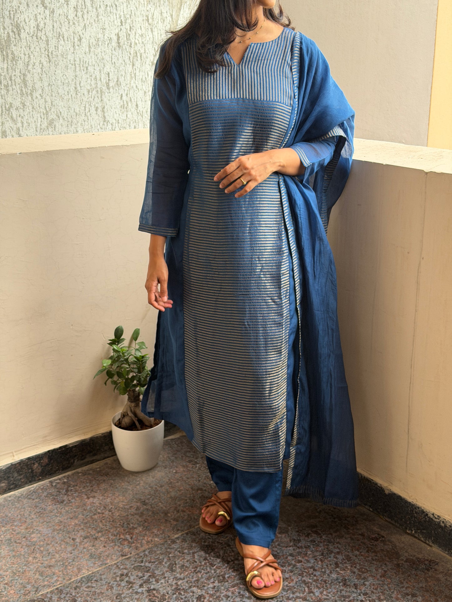 A0779 Mul Chanderi stripes 3pc set in beautiful blue