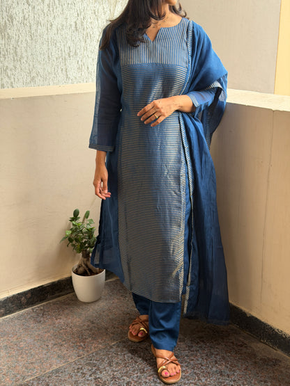 A0779 Mul Chanderi stripes 3pc set in beautiful blue