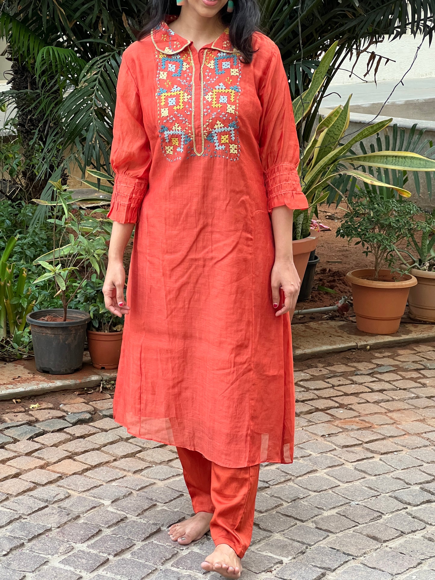 A0612 rust mul chanderi coord set with Kutch work embroidery