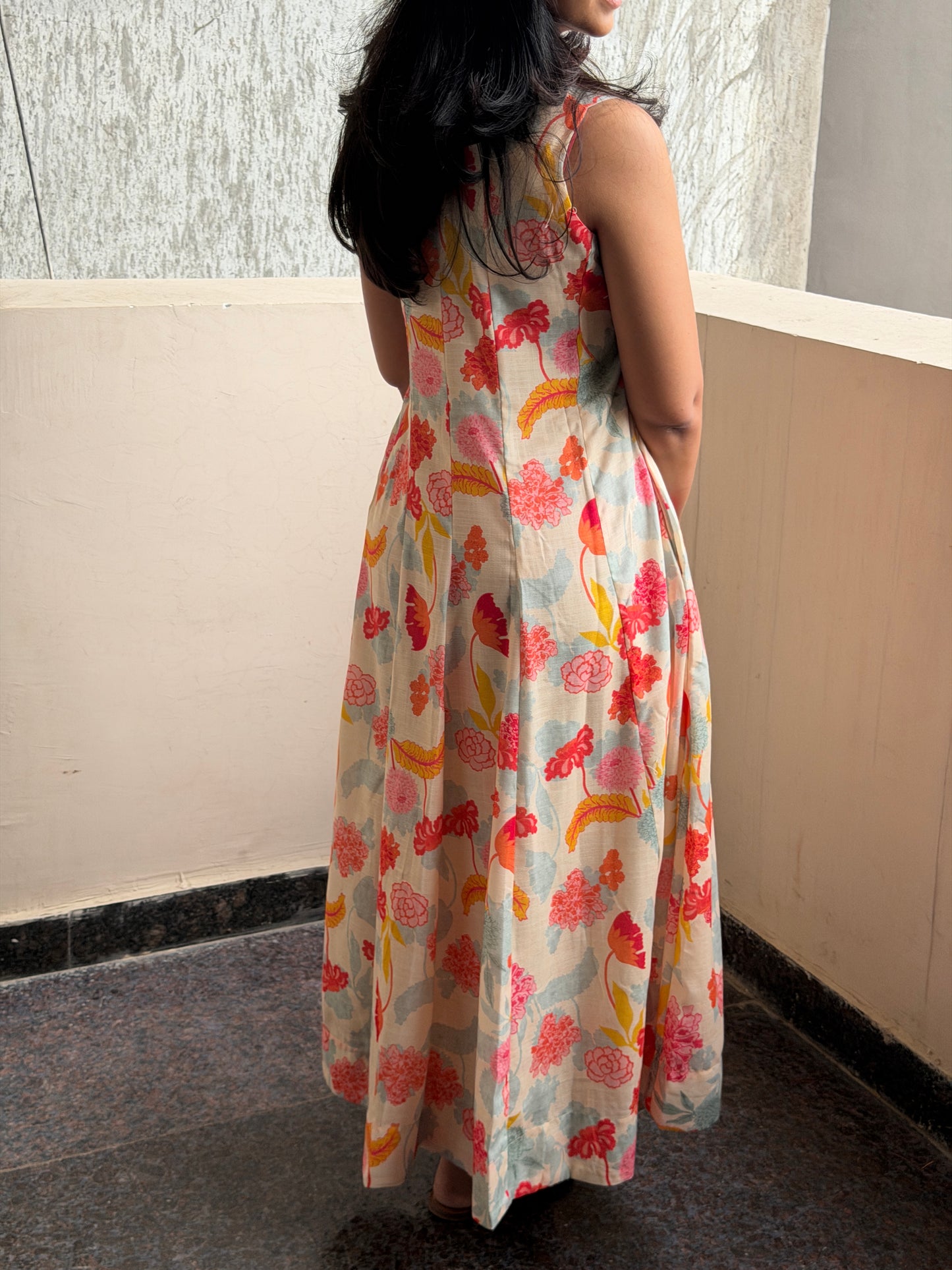 A0767 cream Lenin floral one piece dress comes with lining inside & 3/4th sleeves inside. (Dispatch time one week from 5th June)
