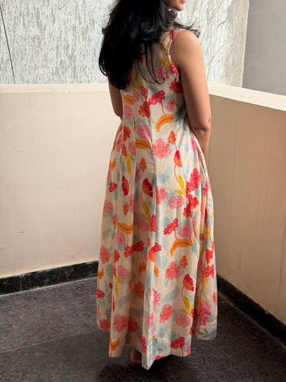 A0767 cream Lenin floral one piece dress comes with lining inside & 3/4th sleeves inside. (Dispatch time one week from 5th June)