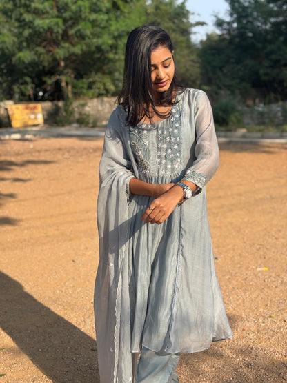 A0190 Mul chanderi 3 piece set with hand embroidery and beads detailing