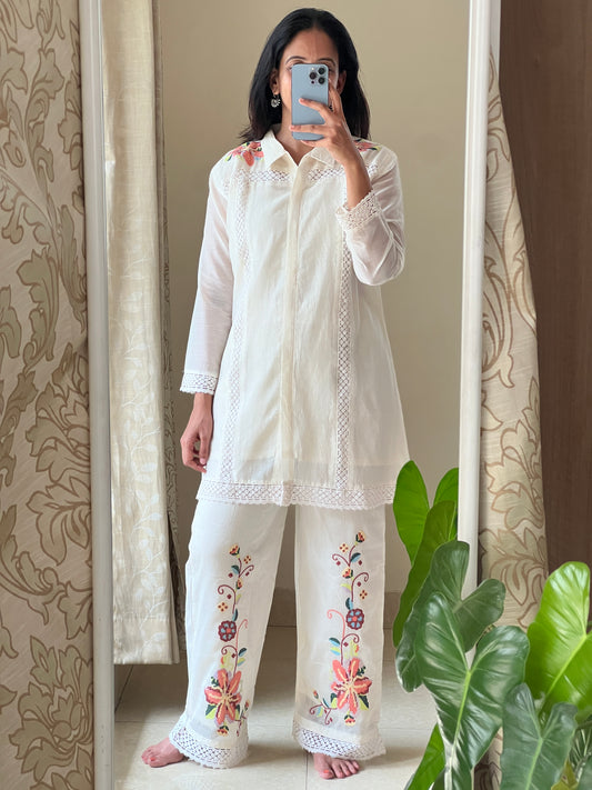 A0516 white mul chanderi coord set with cross stich embroidery on shoulder part & pants