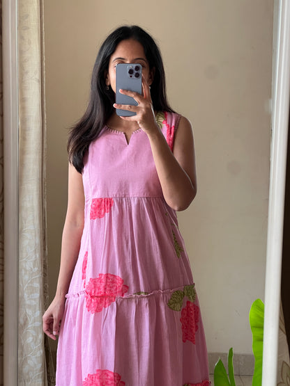 A0576 pink cotton floral printed one piece dress comes with cotton lining inside