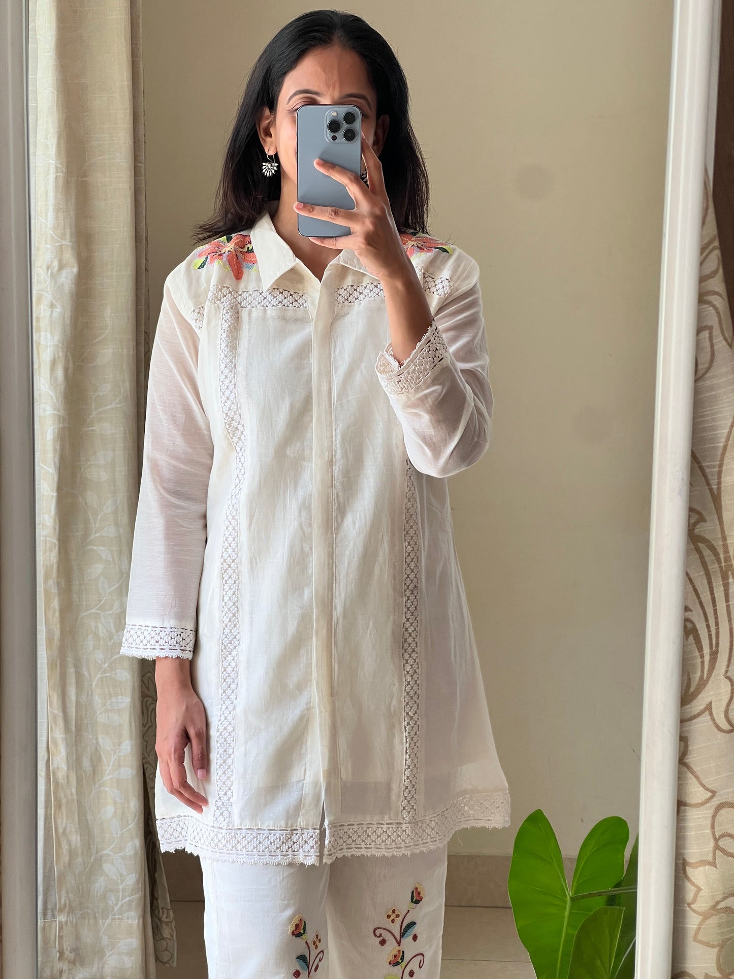 A0516 white mul chanderi coord set with cross stich embroidery on shoulder part & pants
