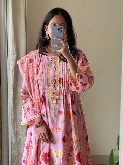 A0480 pink pure cotton floral digital printed 3 piece set