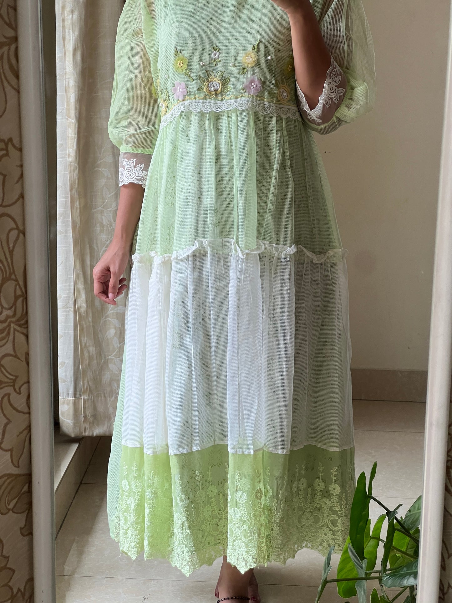 Green Chiluka Pure Kota cotton dress comes with printed cotton lining