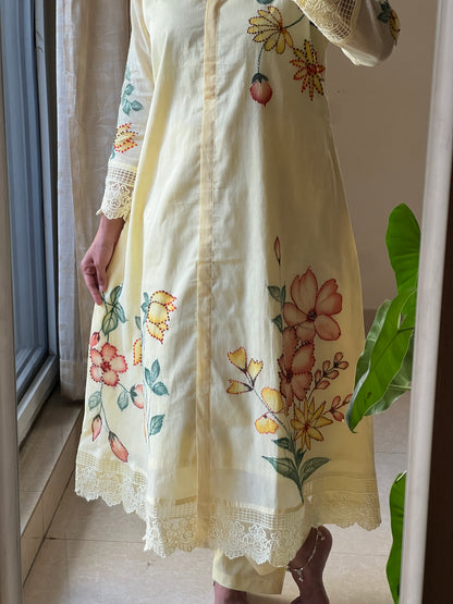 A0542 yellow Mulmul 2 piece dress with hand paint & hand embroidery detailing