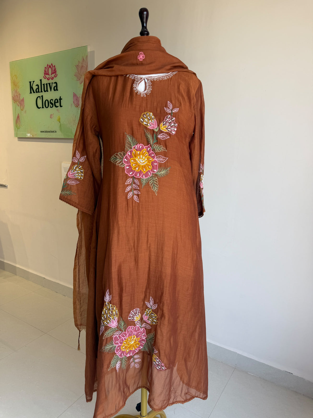 A0855 rust brown mul chanderi applique work 3 piece dress