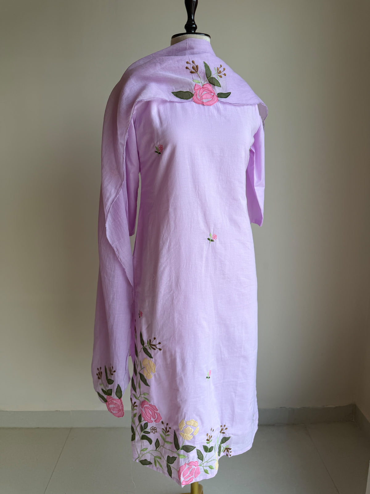 A0853 lavender mul cotton applique work 3 piece dress