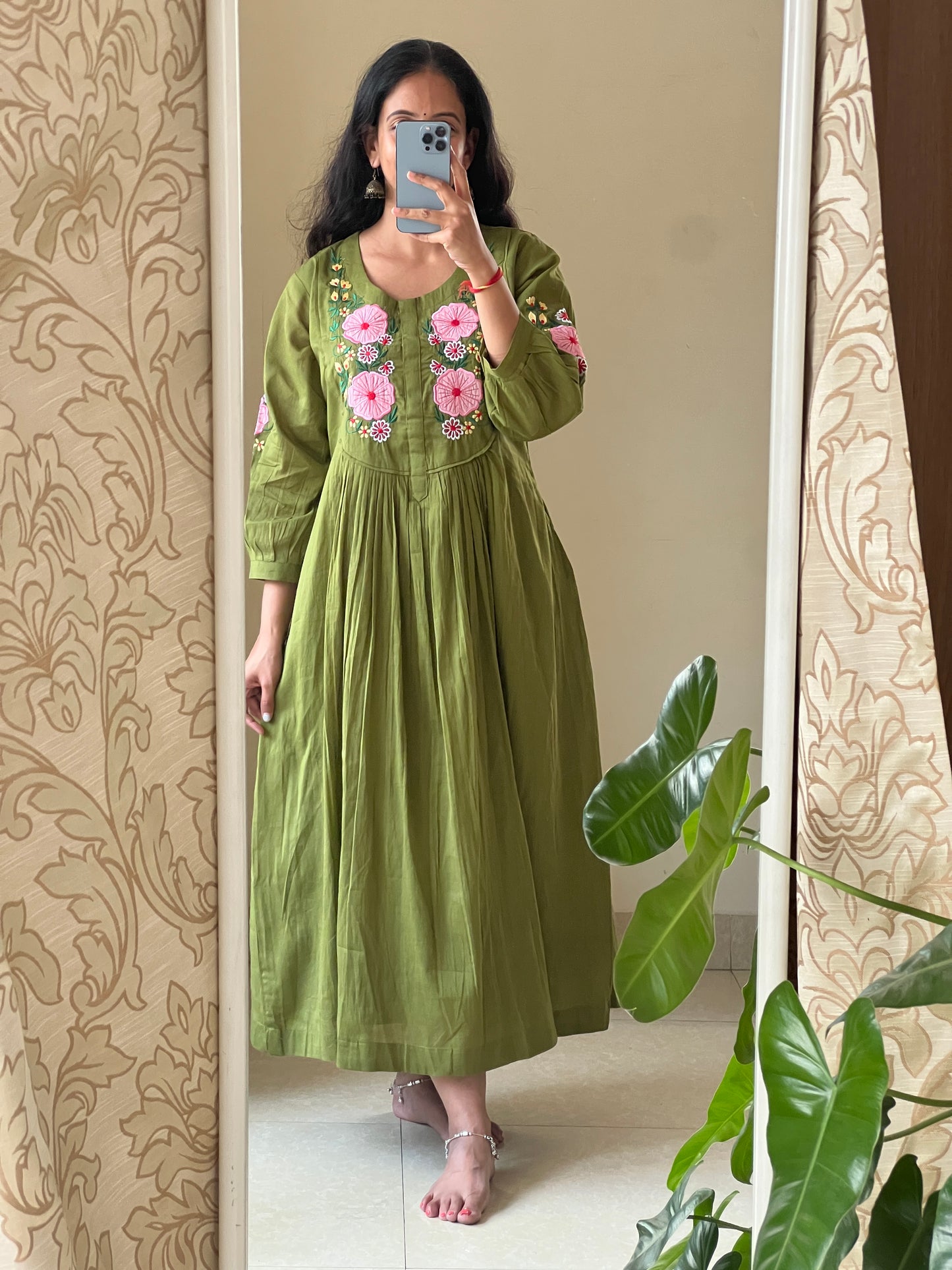 A0644 green Mulmul one piece dress with applique work detailing on yoke part