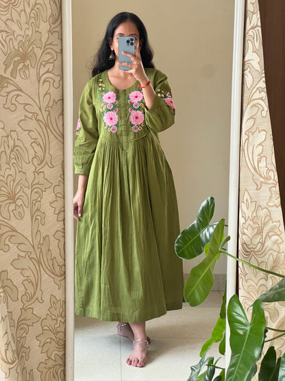 A0644 green Mulmul one piece dress with applique work detailing on yoke part
