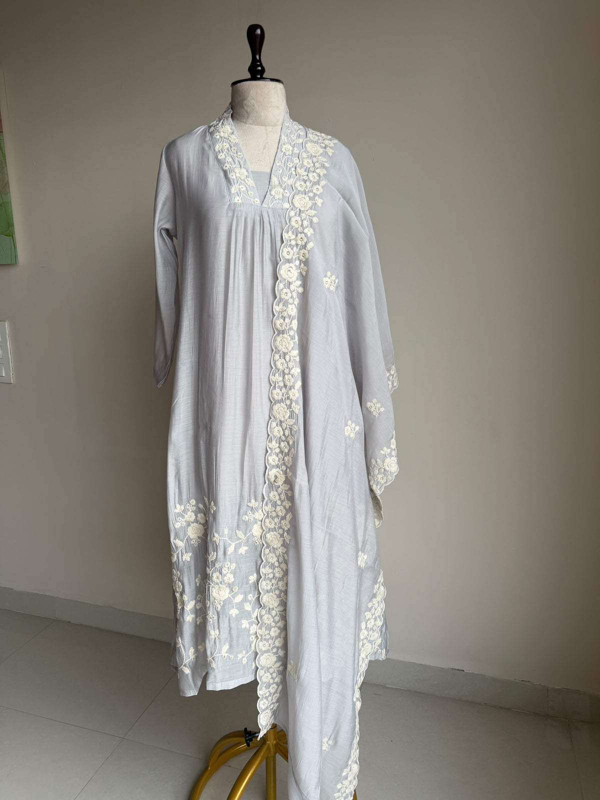 A0845 elephant grey mul chanderi 3 piece dress