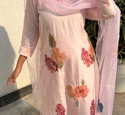 A0340 nude pink Dola silk 3 piece dress with applique work detailing