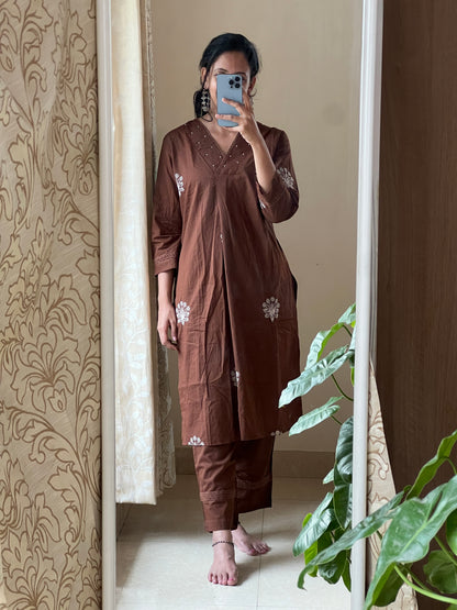 A0107 chocolate brown cotton 2 piece dress with machine embroidery detailing