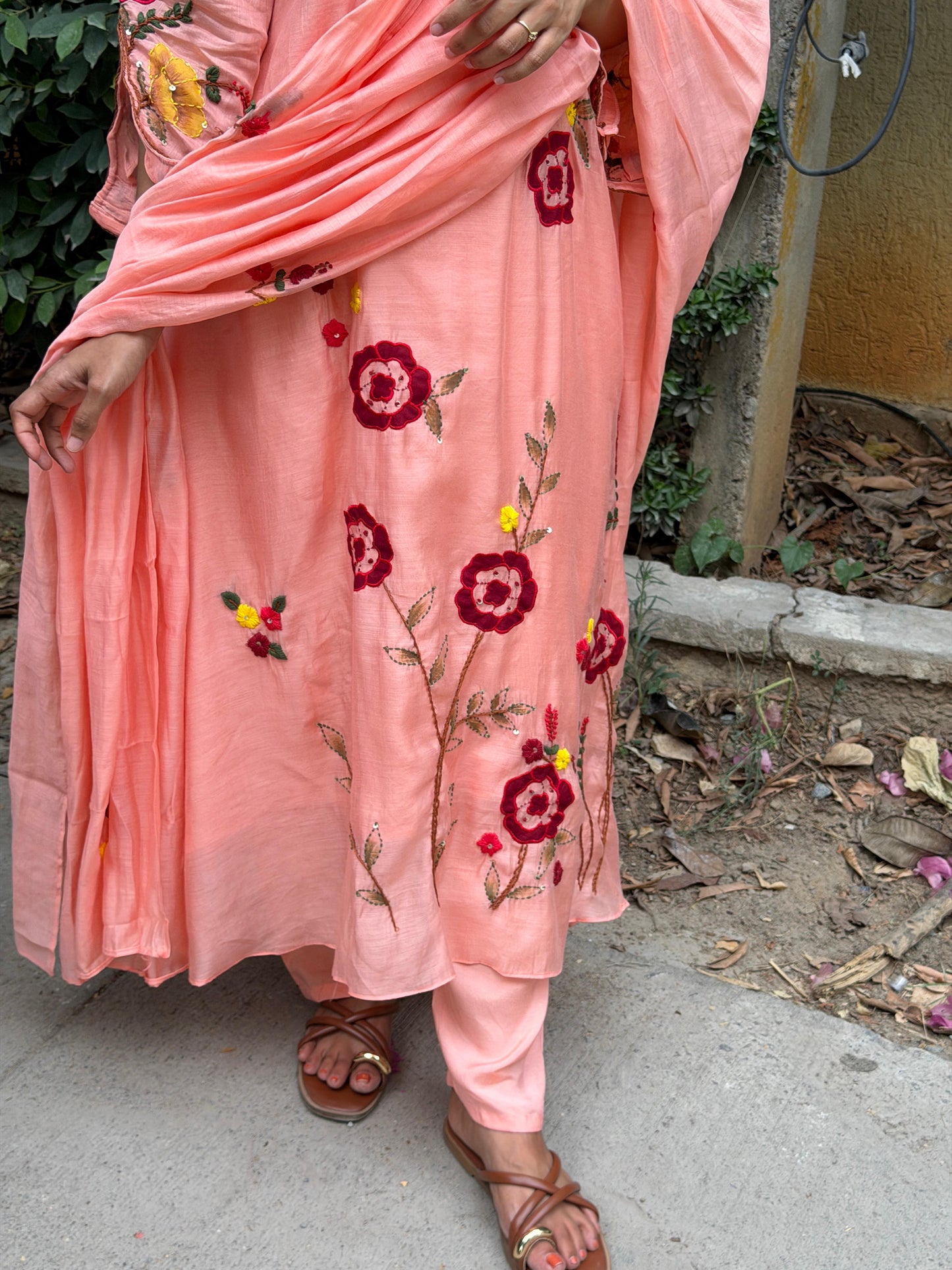 A0766 peach Mul chanderi 3 piece dress with hand paint , applique work & hand embroidery detailing all over the dress