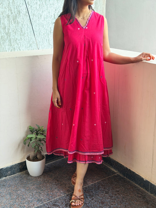 Hot pink Jamdani dress with hearts weave, double layer dress