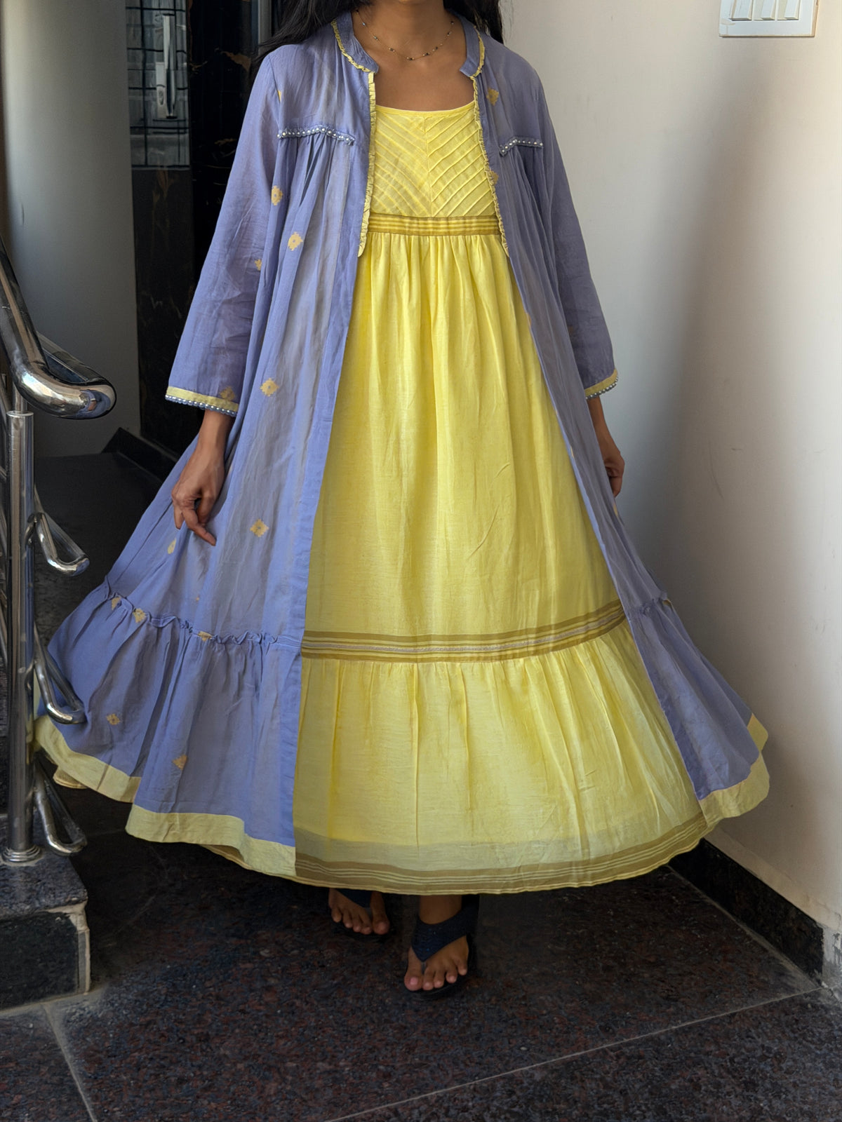 A0378 Bengal cotton Jamdani coat style in yellow and blue combinations with layered coat