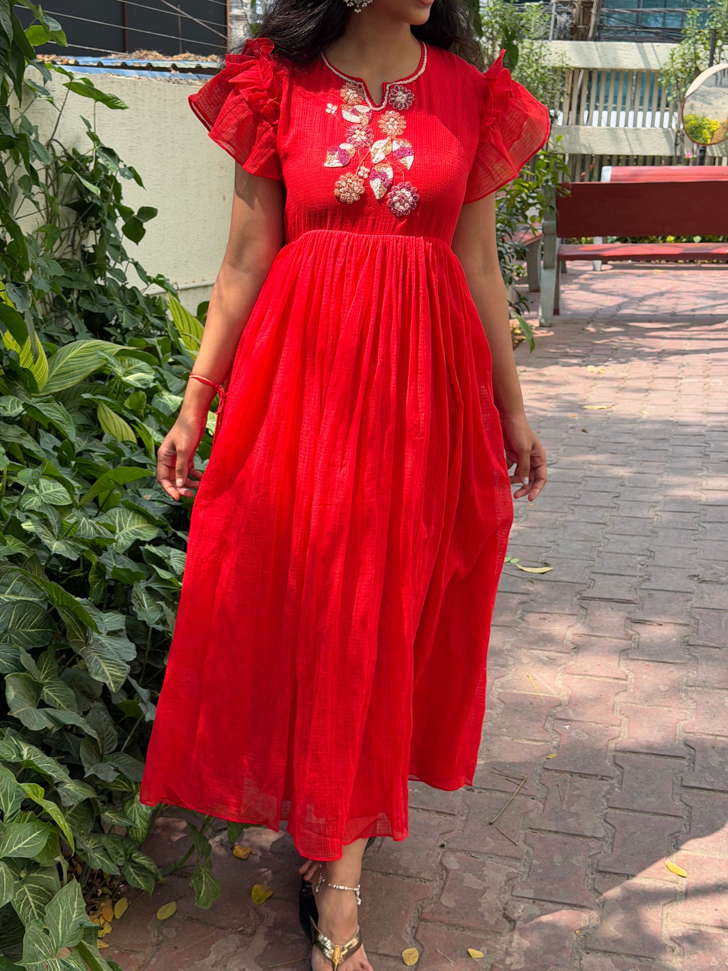 A0650 Beautiful red Kota cotton frock with beads and motti details