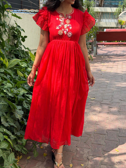 A0650 Beautiful red Kota cotton frock with beads and motti details