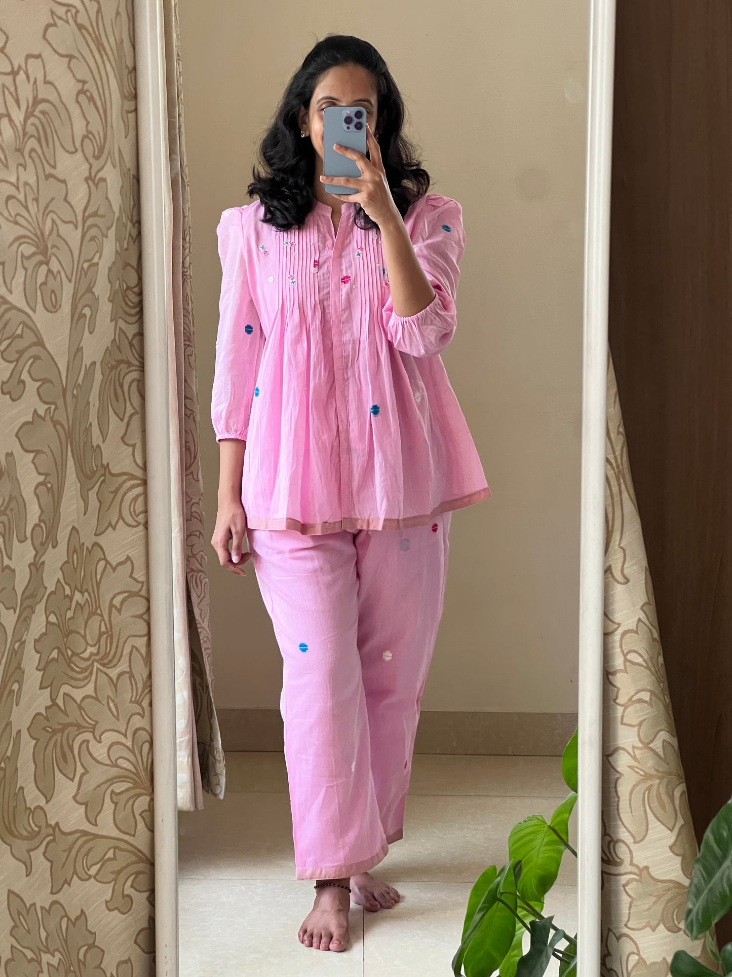 A0662 Jamdani Pink coord set with hand embroidery butties