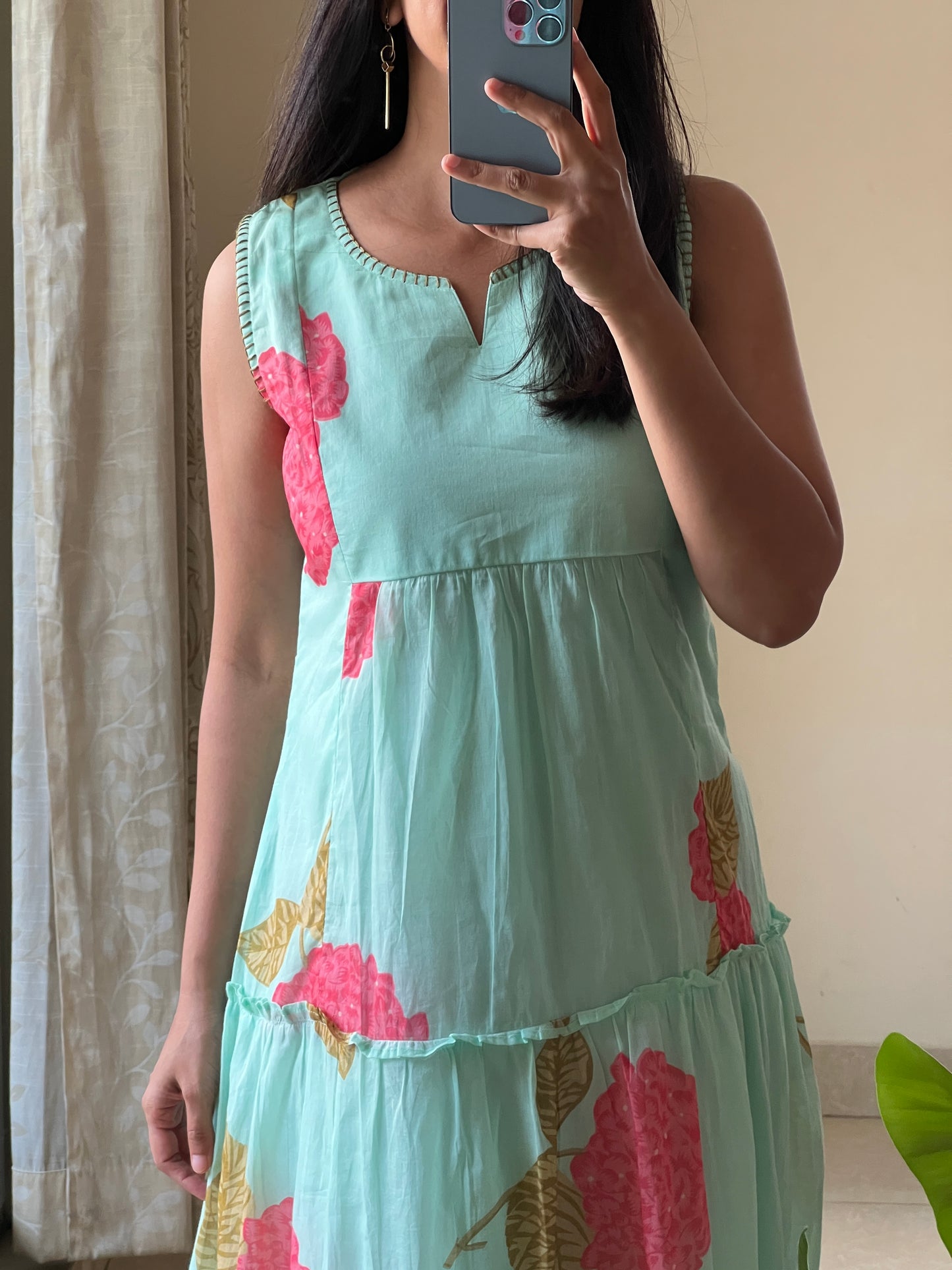 A0568 sea green cotton floral printed one piece dress comes with cotton lining inside