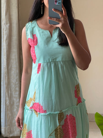A0568 sea green cotton floral printed one piece dress comes with cotton lining inside