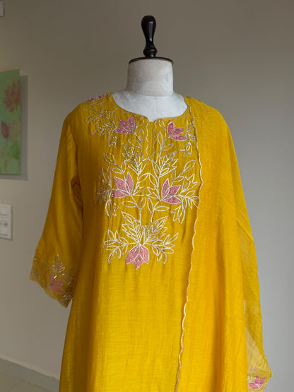 A0847 mustard mul chanderi pitta embroidery 3 piece dress