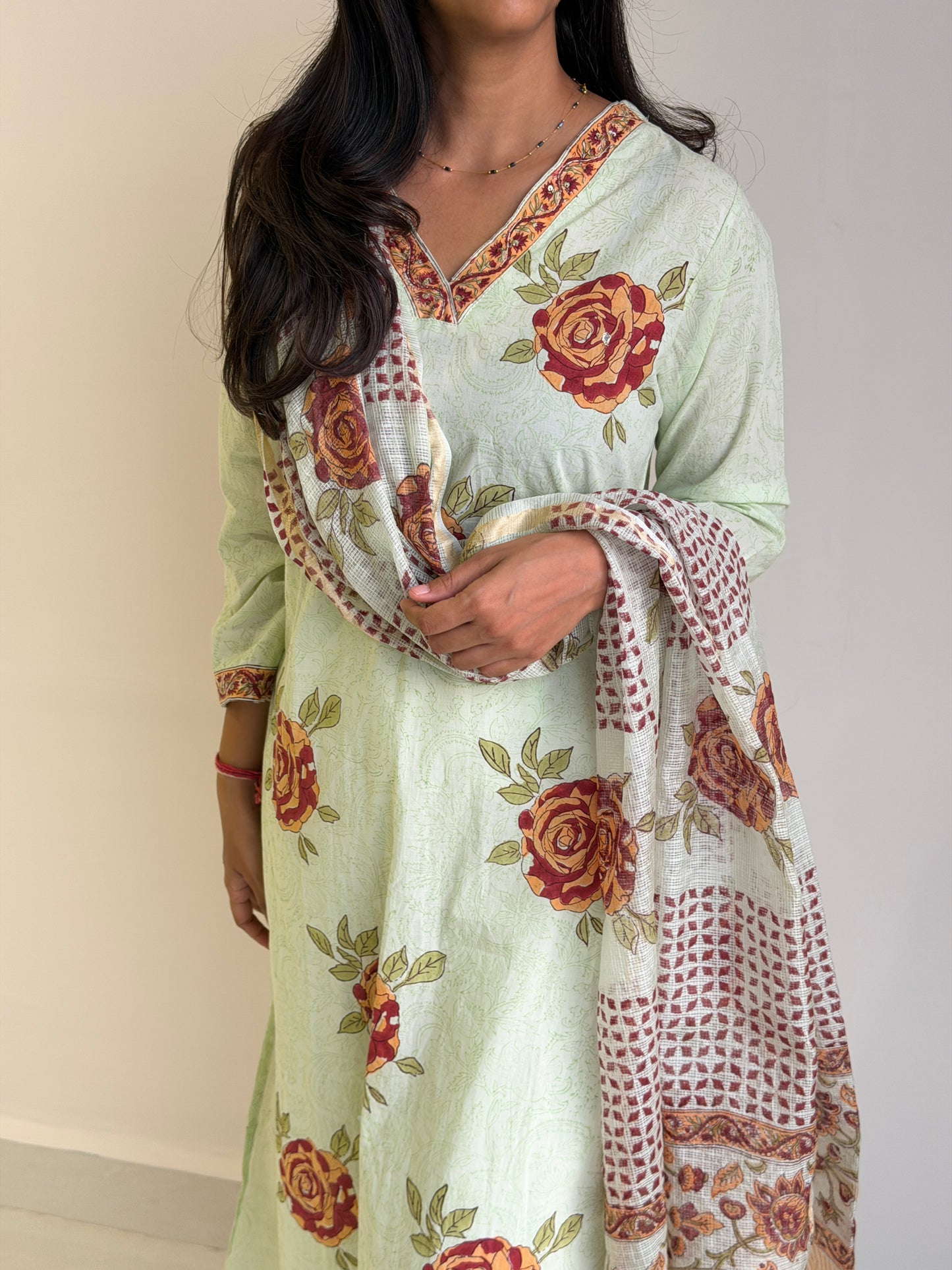 A0723 pista green cotton roses printed 3 piece dress with Kota Doria duppatta