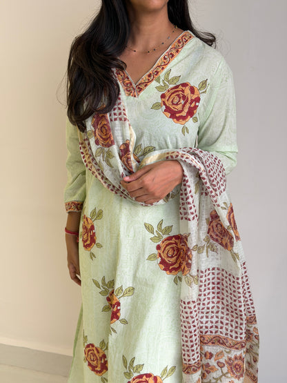 A0723 pista green cotton roses printed 3 piece dress with Kota Doria duppatta