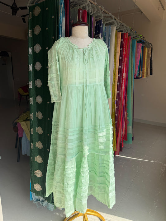 Sea green pure cotton self design one piece dress
