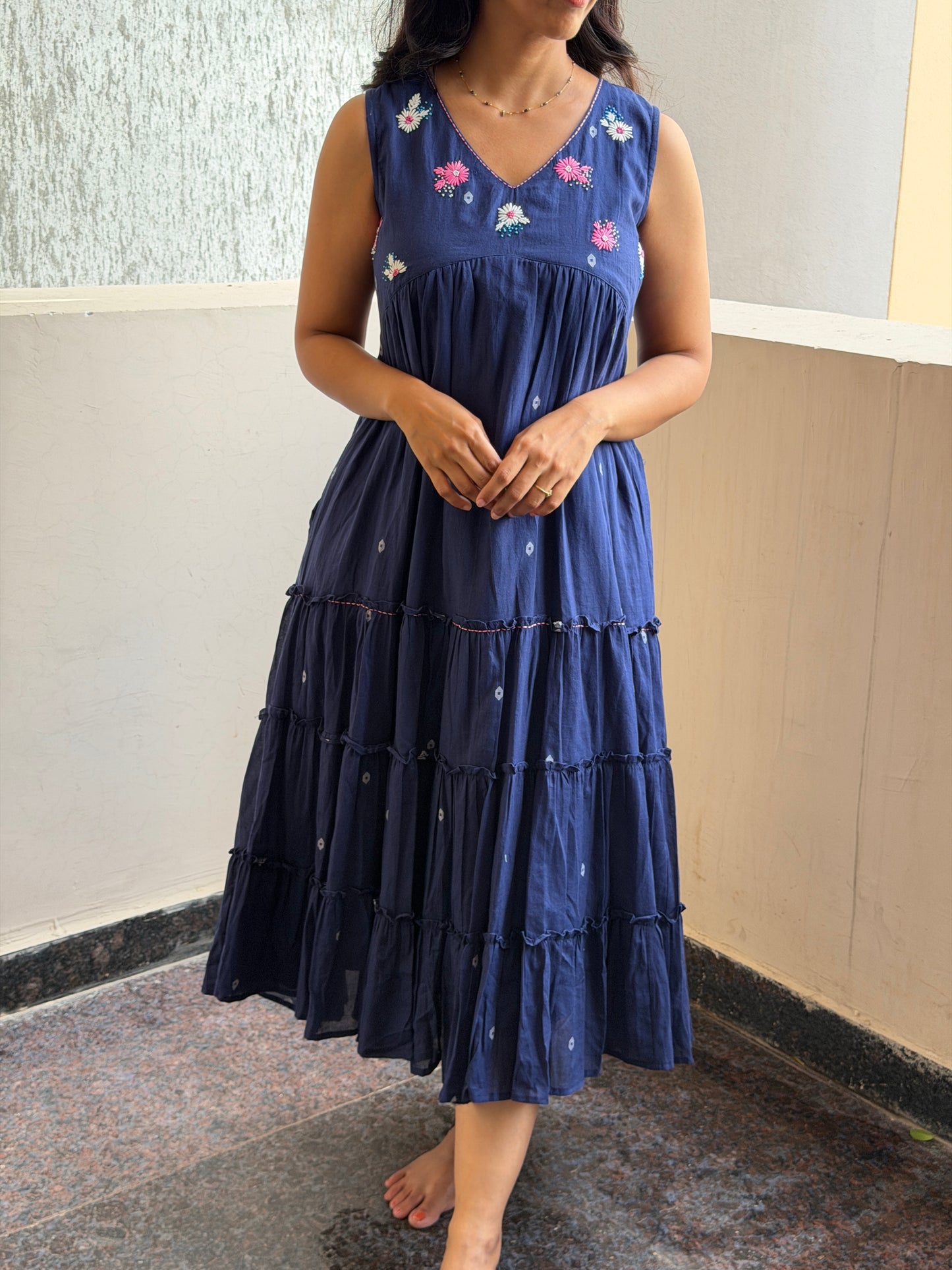 A0744 Blue Bengal cotton Jamdani dress with floral hand embroidery detailing