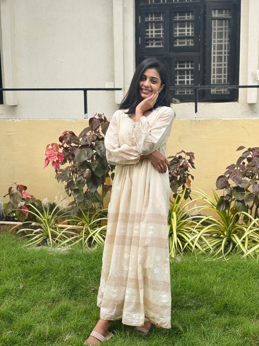 A0092 cream Bengal cotton jamdani weave dress