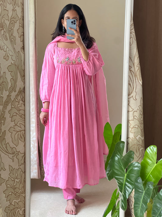 A0510 baby pink cotton kota 3 piece dress with hand embroidery detailing on yoke and butties all over dupatta