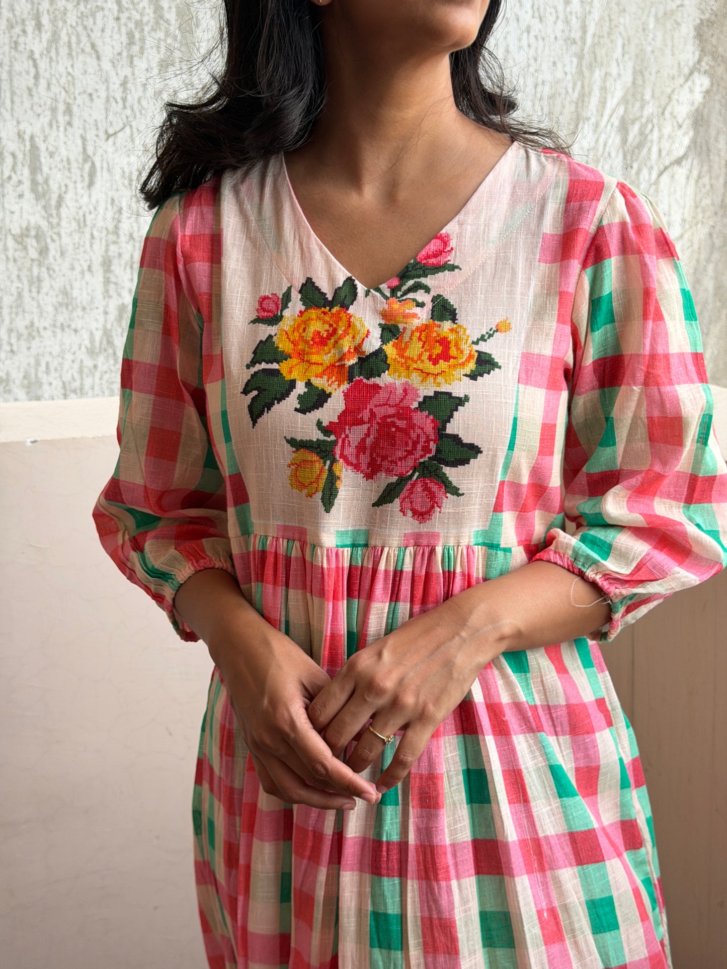 A0747 pink checks slub cotton one piece dress with floral digital print on yoke part