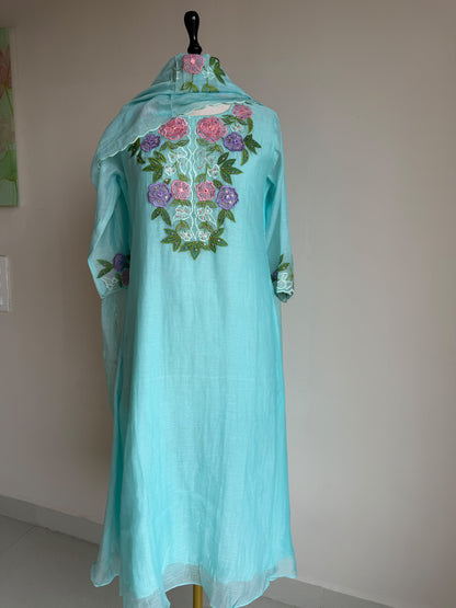 A0848 blue mul chanderi applique work 3 piece dress