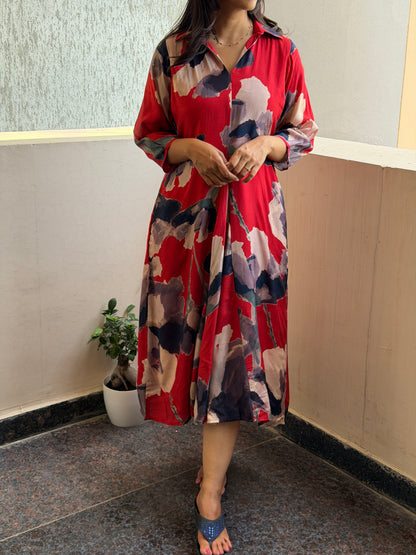 A0782 Red Cotton Silk in abstract print, with black and brown touch