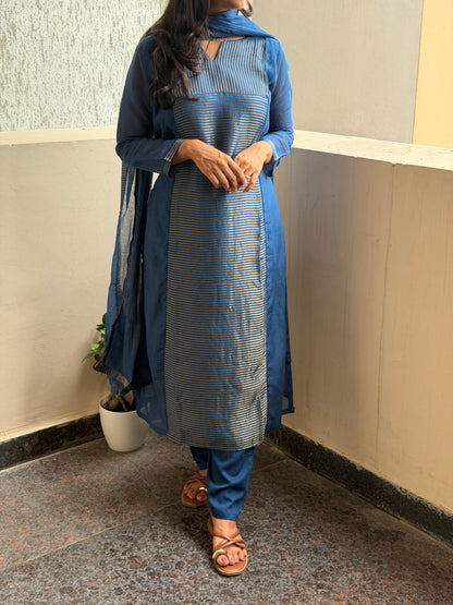 A0779 Mul Chanderi stripes 3pc set in beautiful blue