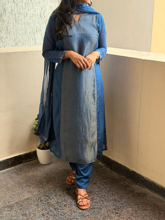 A0779 Mul Chanderi stripes 3pc set in beautiful blue