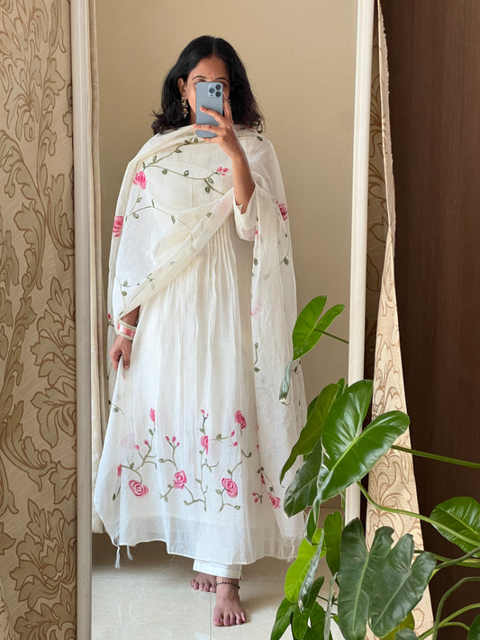 A0498 white Mulchanderi 3 piece dress with rose hand paint & hand embroidery detailing all over the duppatta & dress