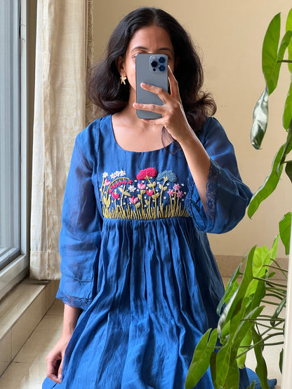 A0531 royal blue mul chanderi one piece dress with hand embroidery detailing on the yoke part