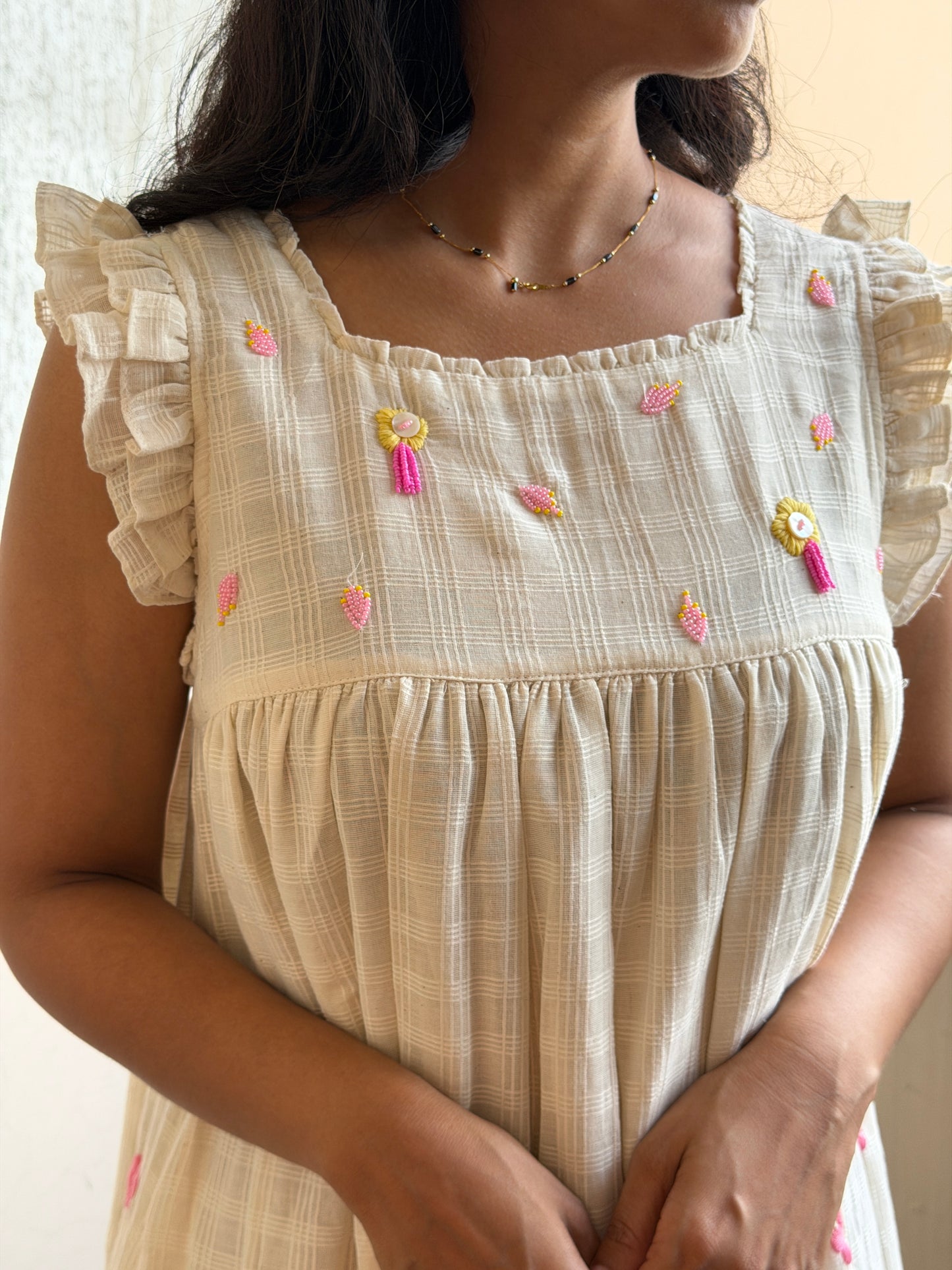 A0757 Cream Pure cotton dress with floral embroidery and 3D embroidery detailing