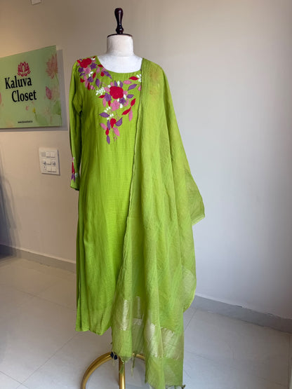 A0857 green Kota applique work 3 piece dress
