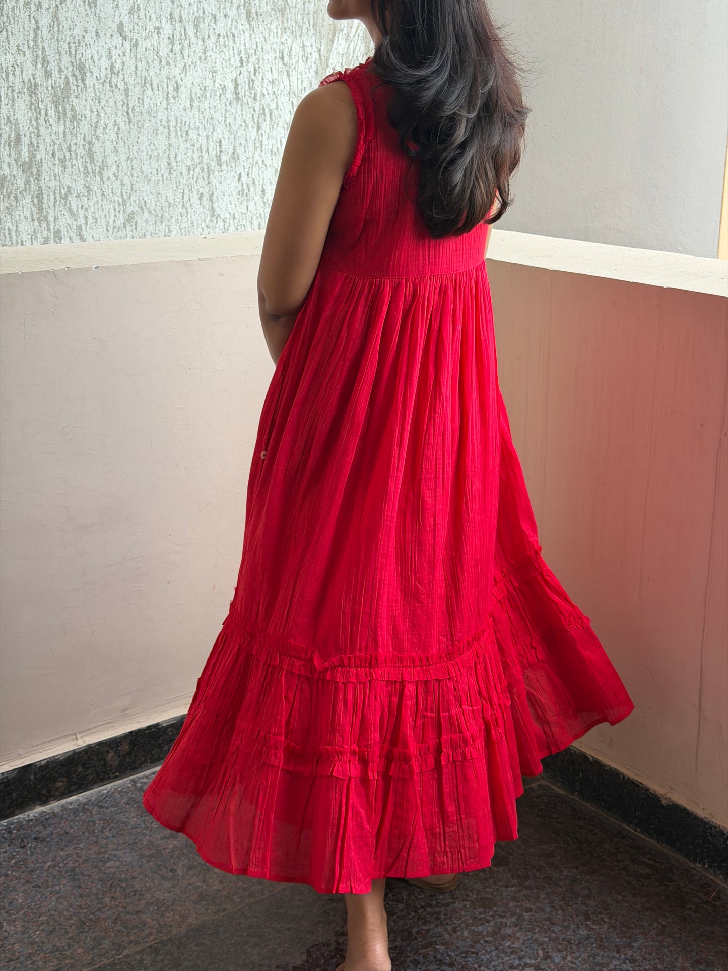 A0771 Mul cotton Red dress with beautiful 3D hand hand embroidery