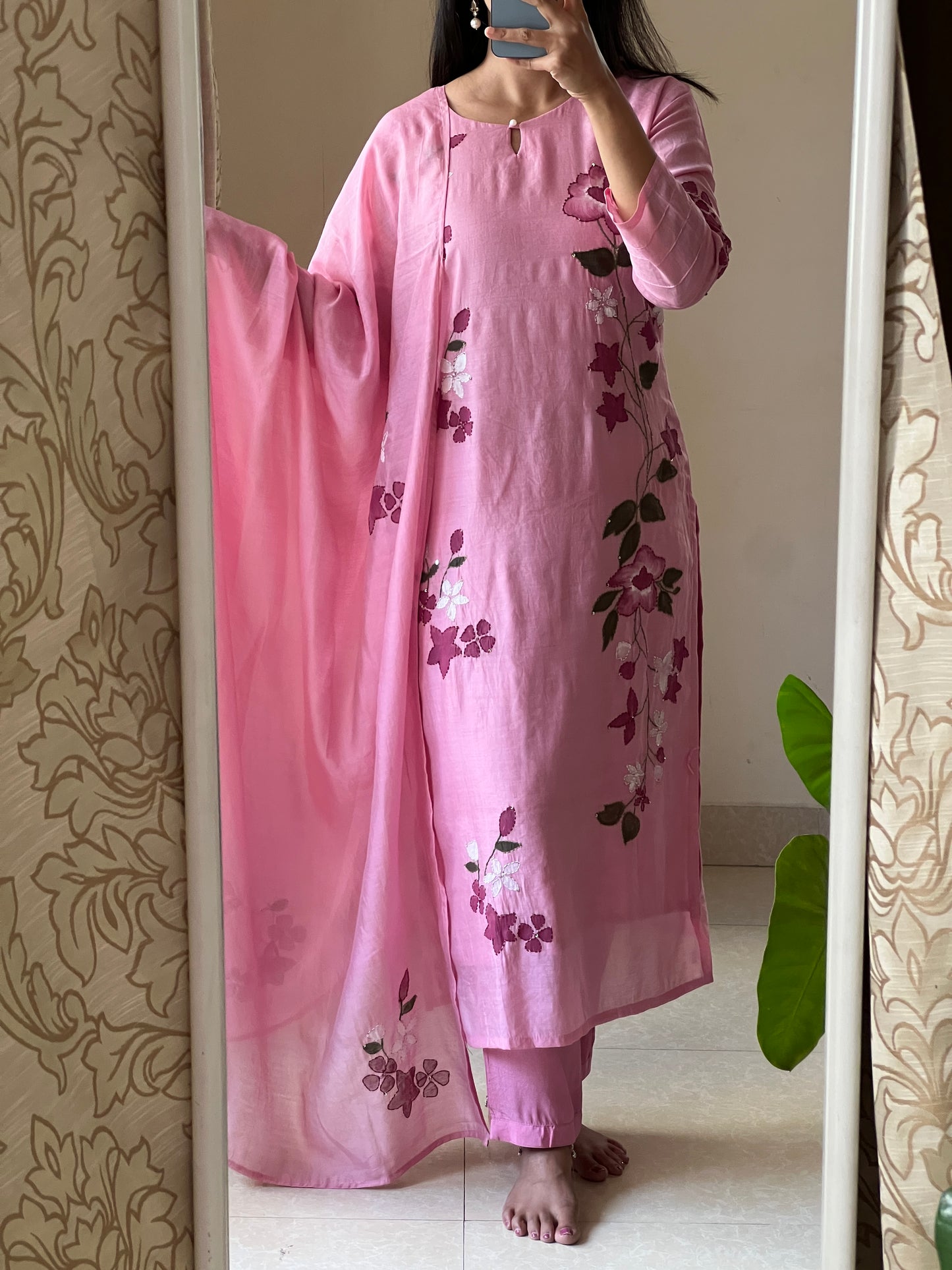 A0559 pink mul chanderi hand painted, kanta 3 piece A-Line dress
